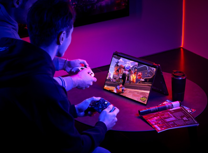 Rog Flow X16 Scenario Photo Gaming With Xbox Controller in Tent Mode